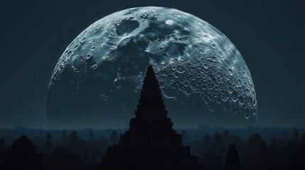 Silhouette of Ancient Temple Against a Full Moon in a Dark Night Sky with Mystical Atmosphere