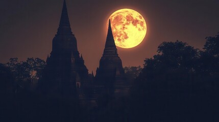 Silhouetted Temple Structures Under Full Moonlight Against Night Sky at Twilight