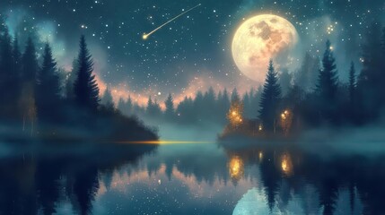 Stunning Night Landscape with Full Moon and Shooting Stars Over Calm Lake in Enchanted Forest