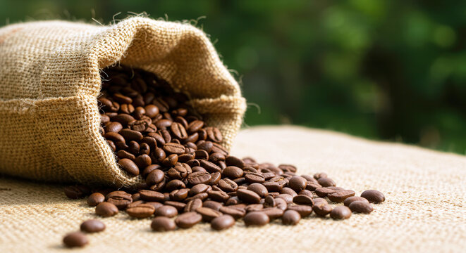 Coffee beans pour from a burlap sack onto a beige fabric surface. A lush green background adds vibrancy. The coffee industry theme highlights top quality with dominant brown tones
