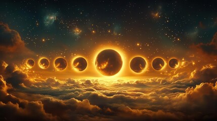 Stunning Celestial Event with Golden Sun Rising Above Clouds and Cosmic Elements in the Sky