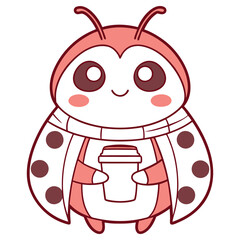 Obraz premium Cartoon Ladybug with Dots Wearing Scarf and Holding Coffee Cup on Transparent Background