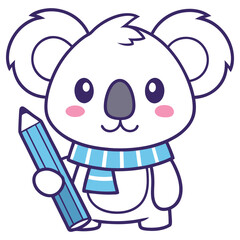 Fototapeta premium Cute Cartoon Koala Character Holding Pencil on Transparent