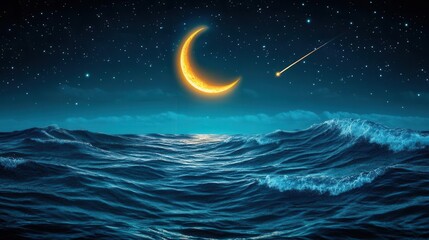Stunning View of a Crescent Moon and Shooting Star over a Calm Ocean at Night