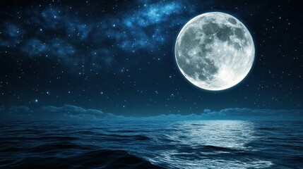 Stunning Full Moon Illuminating Calm Ocean Waters Under a Starry Night Sky