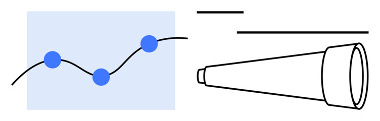 Telescope beside growth chart with three data points on a trend line, symbolizing discovery, growth, and analysis. Ideal for business, data, strategy, research, innovation vision flat simple