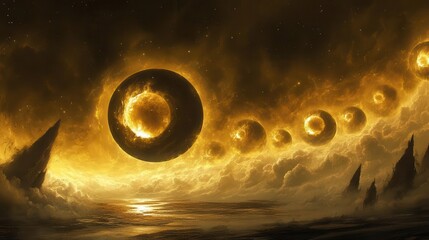 Surreal Cosmic Landscape with Floating Spheres Reflecting in an Otherworldly Ocean Scene