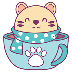 Cute Cartoon Bear Wearing Scarf Inside Blue Mug with Paw Print on White