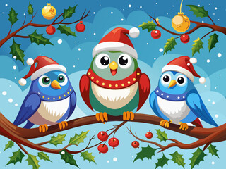 Fototapeta premium vector of Three charming birds in Christmas hats perched on a snowy branch.