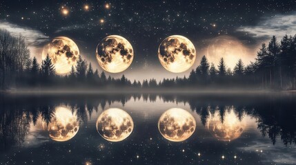 Three Majestic Full Moons Reflecting on a Still Lake Surrounded by Lush Forest at Night