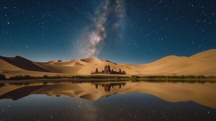 Stunning Night Sky Filled With Stars Above Sand Dunes and Reflective Water in a Desert Landscape