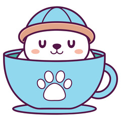 Cartoon White Bear in a Blue Tea Cup with Paw Print, Isolated Transparent