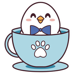 Adorable cartoon penguin with blue bow in blue paw print cup, cute design