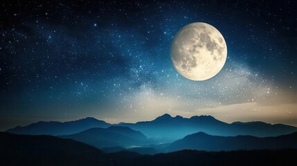 Stunning Night Landscape with Full Moon and Starry Sky over Majestic Mountains