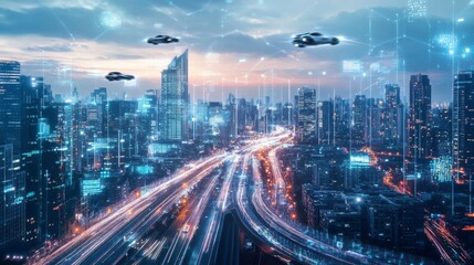 Obraz premium A dynamic urban skyline showcasing flying cars and glowing digital interfaces. The image captures the essence of a smart, technologically advanced city at dusk.. AI Generation