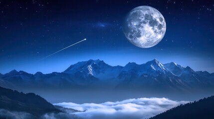 Stunning Night View of Majestic Mountains Under Full Moon and Starry Sky with Misty Clouds