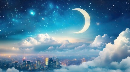 Tranquil Night Sky with Crescent Moon and Stars Over a Cityscape Surrounded by Clouds