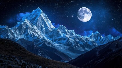 Stunning Nighttime Mountain Landscape with Full Moon and Starry Sky Over Rocky Peaks