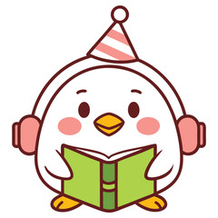 Cute White Penguin With Party Hat, Headphones, Reading Book on Transparent Background