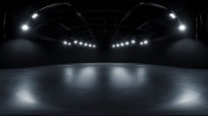 Empty dark studio room with bright spotlights. Black minimalistic interior design. Virtual reality HDRI tech. 360-degree panorama. Smooth surfaces. Modern digital artwork. Futuristic scene