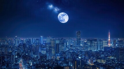 Stunning Night Cityscape with Bright Full Moon and Twinkling Stars Above Urban Skyline
