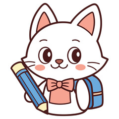 Cartoon White Cat with Bow Tie, Backpack Holding Pencil on Transparent Background