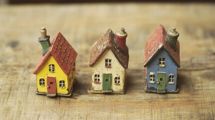 Colorful miniature houses on wooden surface; home decor, real estate concept