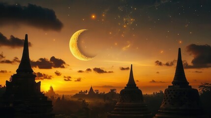Stunning Sunset Over Ancient Temples Under Moonlit Sky with Stars in Southeast Asia