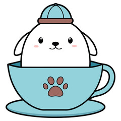 Cute White Dog Inside Blue Cup with Paw Print, Wearing a Blue Hat Isolated