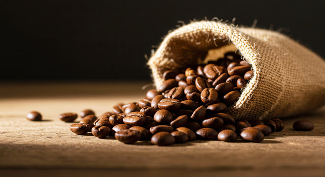 A beige burlap sack releases glossy dark brown coffee beans onto a wooden surface. The warm light highlights the beans texture against a dark background in this coffee industry scene.