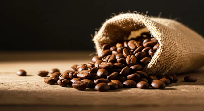 A beige burlap sack releases glossy dark brown coffee beans onto a wooden surface. The warm light highlights the beans texture against a dark background in this coffee industry scene.