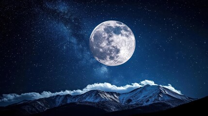 Stunning Nightscape Featuring a Bright Full Moon and Stars Over Majestic Mountains