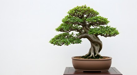 Bonsai Tree in a special pot, isolated on a white background, banner, copy space, against a white wall