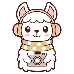 Cartoon Kawaii Alpaca with Headphone, Scarf and Camera in Transparent Background