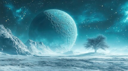 Surreal Night Sky with Glowing Blue Planet and Solitary Tree on an Alien Landscape