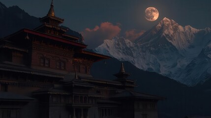 Temple Silhouette Against Snowy Himalayan Peaks Under Moonlit Night Sky in Nepal