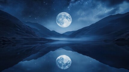 Stunning Nightscape with Full Moon and Reflections in Tranquil Water Surrounded by Mountains