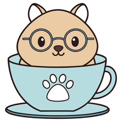 Cute Cartoon Dog with Glasses in Blue Tea Cup with Paw Print on White