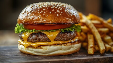 A mouthwatering close-up shot of a juicy burger paired with golden french fries
