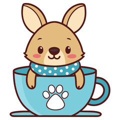 Cute Cartoon Kangaroo in Blue Cup with Paw Print and Polka Dot Scarf Isolated
