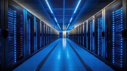 Fototapeta premium Server room hallway with glowing servers and blue lights.