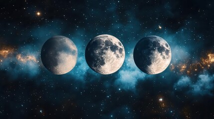 Triple Moon Phases Suspended in a Colorful Cosmic Background of Stars and Galactic Nebula