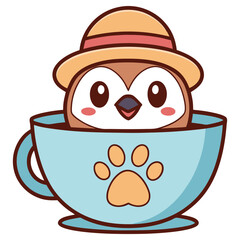 Cute Cartoon Bird Character in Blue Cup with Paw Print and Summer Hat Design