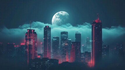 Urban Night Skyline with Neon Lights and Full Moon Surrounded by Fog and Clouds