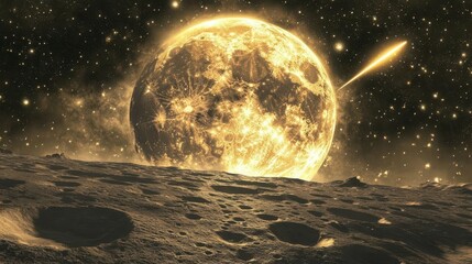 Surface of a Moon with a Bright Luminous Moon and Comet in a Starry Night Sky