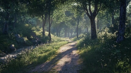 Fototapeta premium A shaded forest path with gentle sunlight filtering through the canopy. Vibrant green foliage surrounds the path, creating a serene, inviting atmosphere in nature.. AI Generation