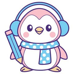 Cute Cartoon Penguin with Headphones Holding Pencil on Transparent Background