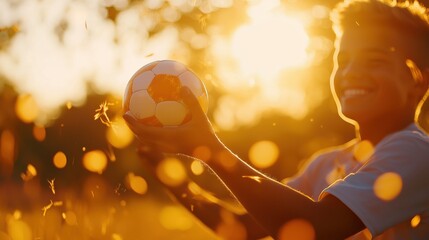 A guy spinning a soccer ball under golden field lighting