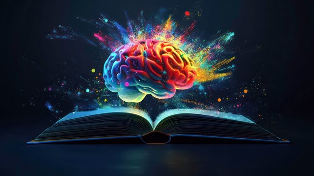 Colorful brain emerges from open book knowledge, inspiration. Creative mind learns new ideas from books. Education, online learning concept. Digital illustration of education, success. Modern tech
