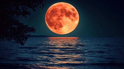 Vivid Full Moon Glowing Over Tranquil Ocean with Shimmering Reflections at Night